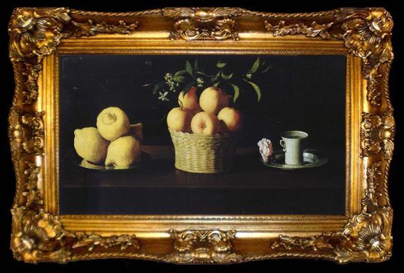 framed  Francisco de Zurbaran Style life with lemon of orange and a rose, ta009-2